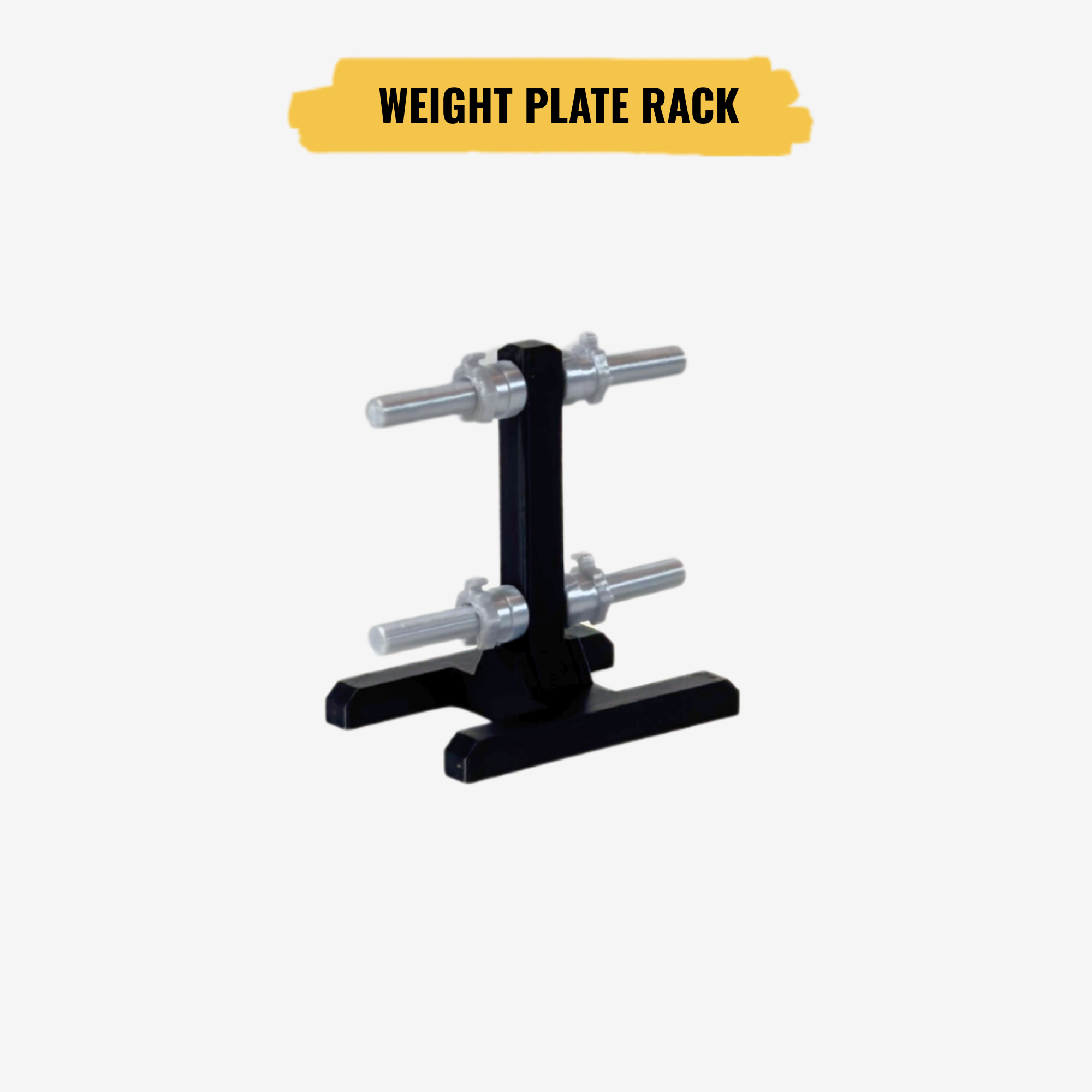 Black weight plate rack with silver bars on a white background, labeled 'Weight Plate Rack'.