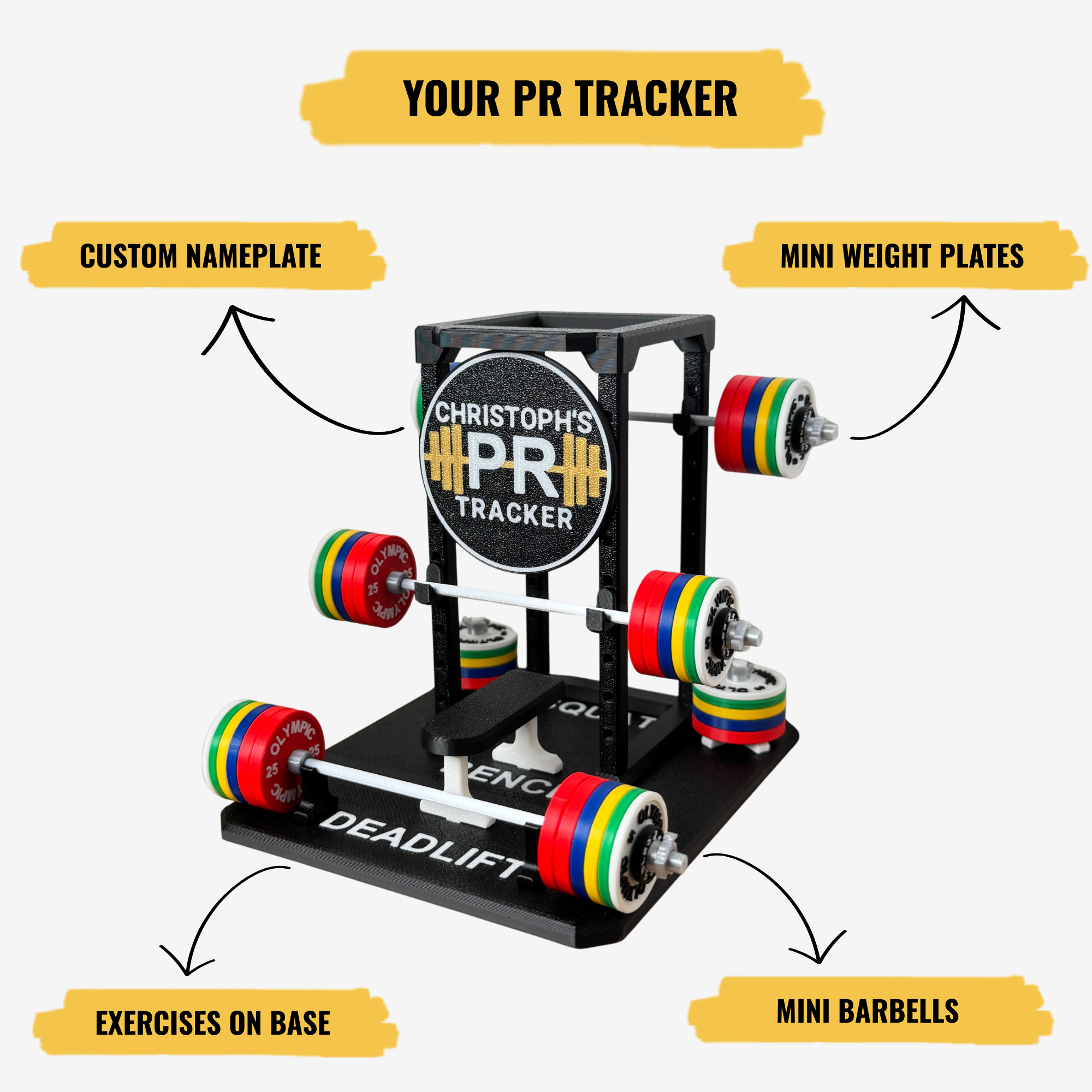 Deadlift machine with labeled components on a white background