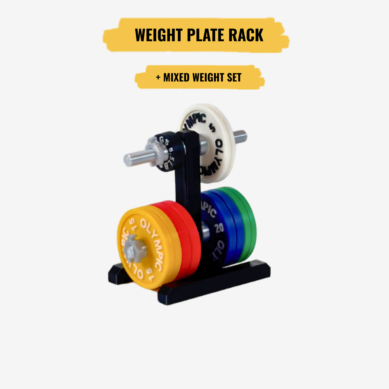 Weight plate rack with colorful weight plates on a white background