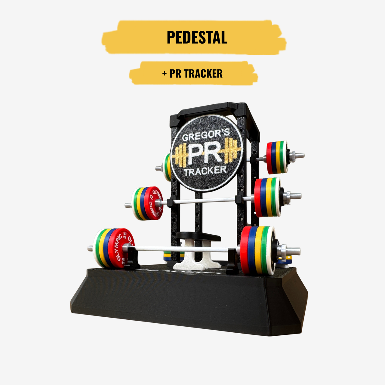 Pedestal PR Tracker with colorful weights on a white background