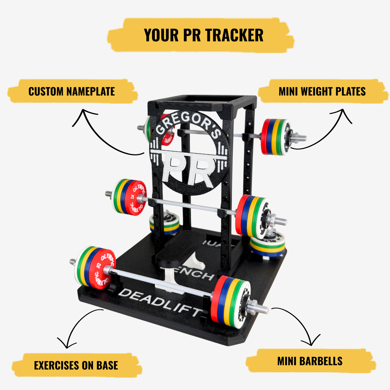 Deadlift simulator with customizable nameplate, mini weight plates, and barbells on a white background