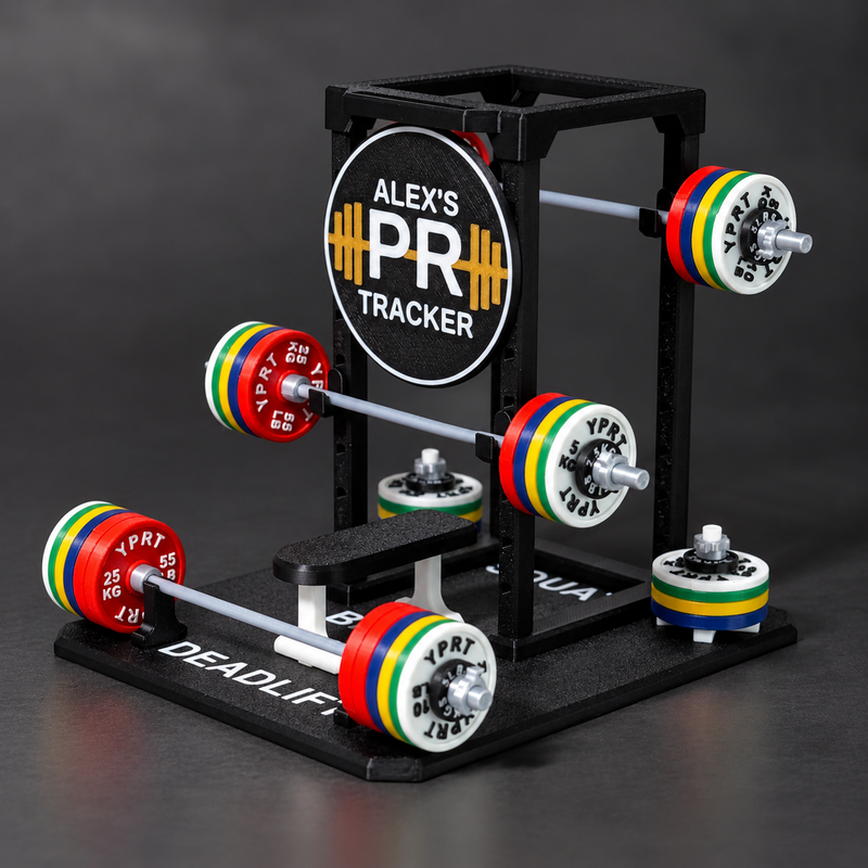 Alex's PR Tracker Deadlift Rack with colorful weight plates and a black base, photographed on a dark gray studio background.