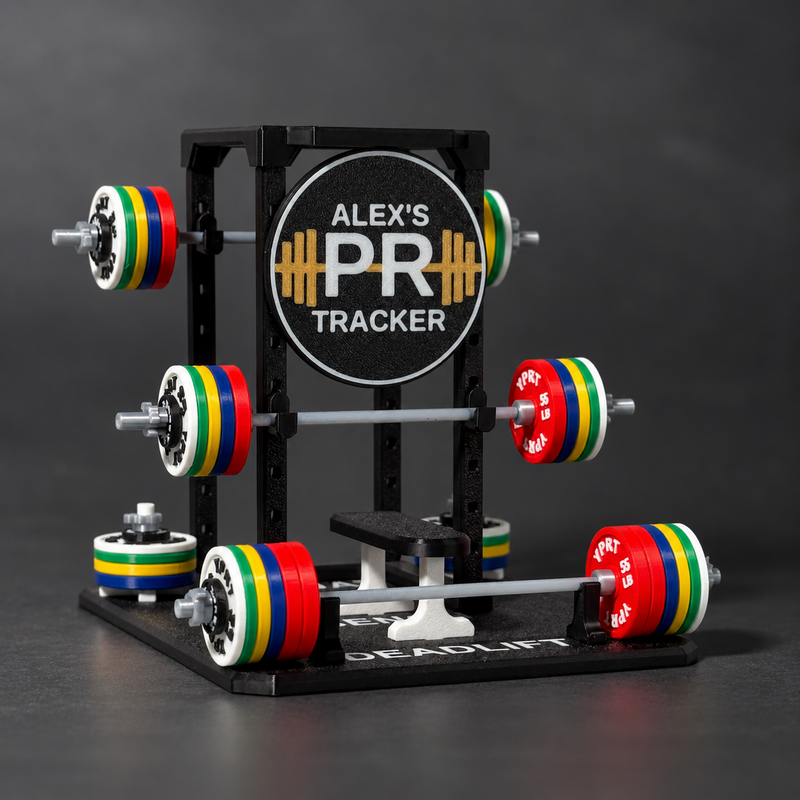 A black metal miniature PR Tracker barbell rack with colorful weight plates, shown on a dark gray studio background. The circular black logo in the center reads 'ALEX'S PR TRACKER' with gold and white lettering.