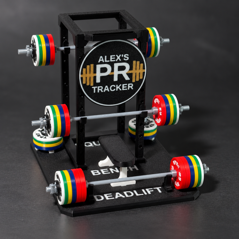 A black metal deadlift rack with colorful weight plates, featuring a circular 'ALEX'S PR TRACKER' logo on the front. The rack is set against a dark gray studio background.
