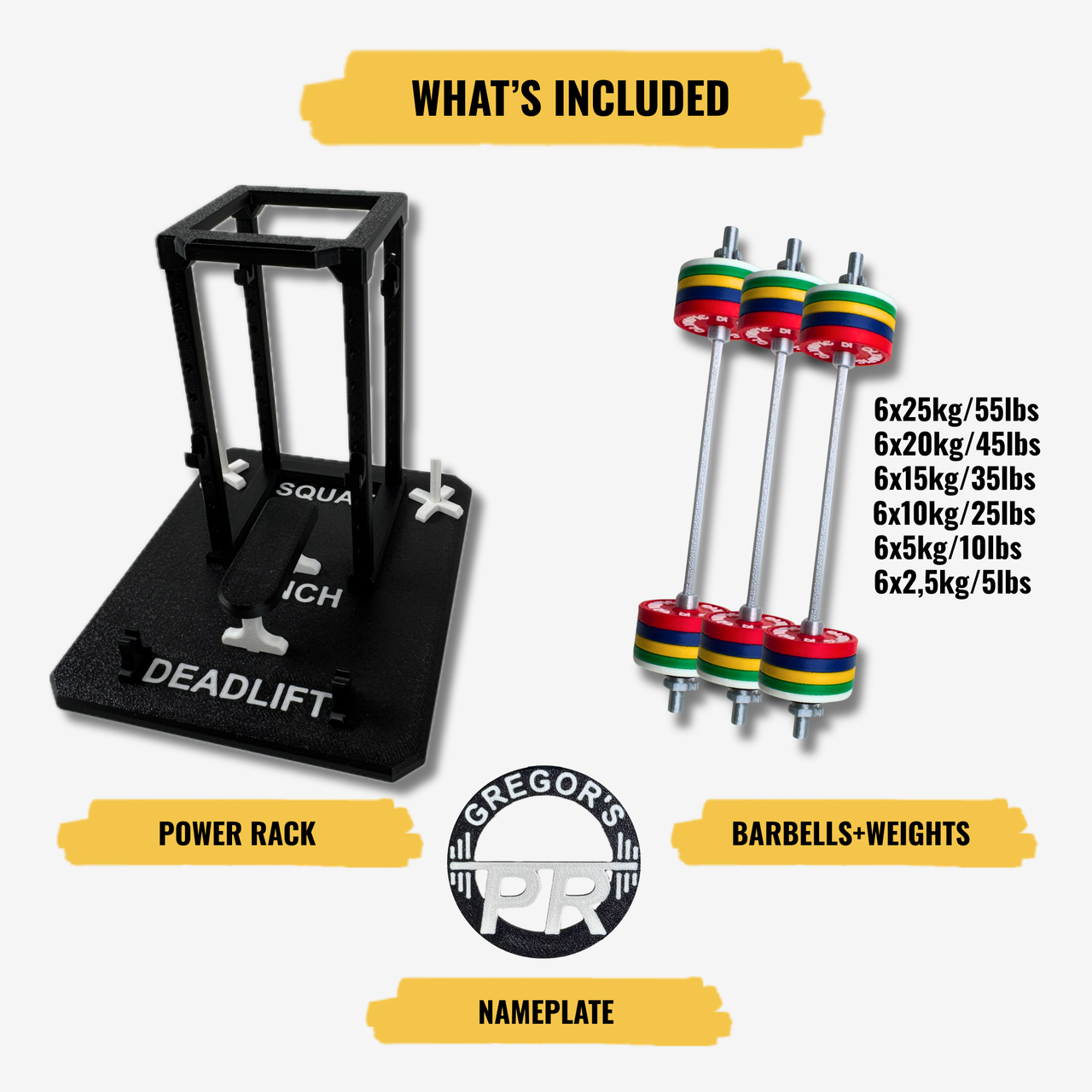 Power rack, barbells, and weights with Gregor's PR branding on a white background.