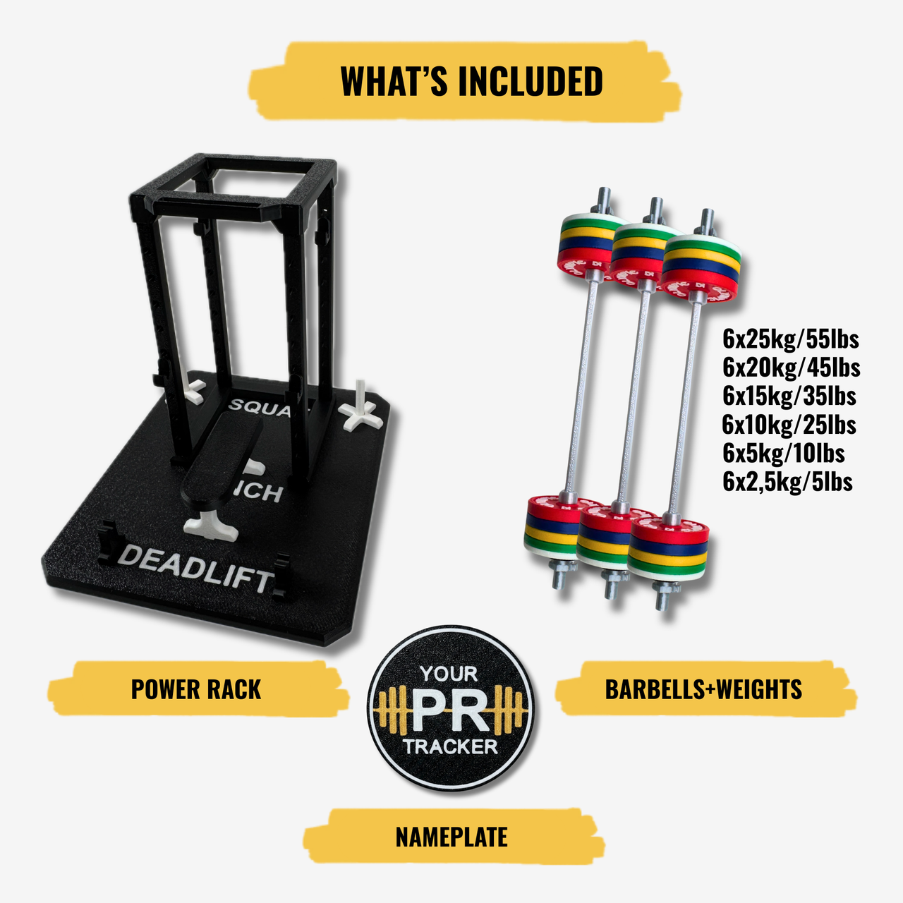 Gym equipment set with power rack, barbells, and weights on a white background