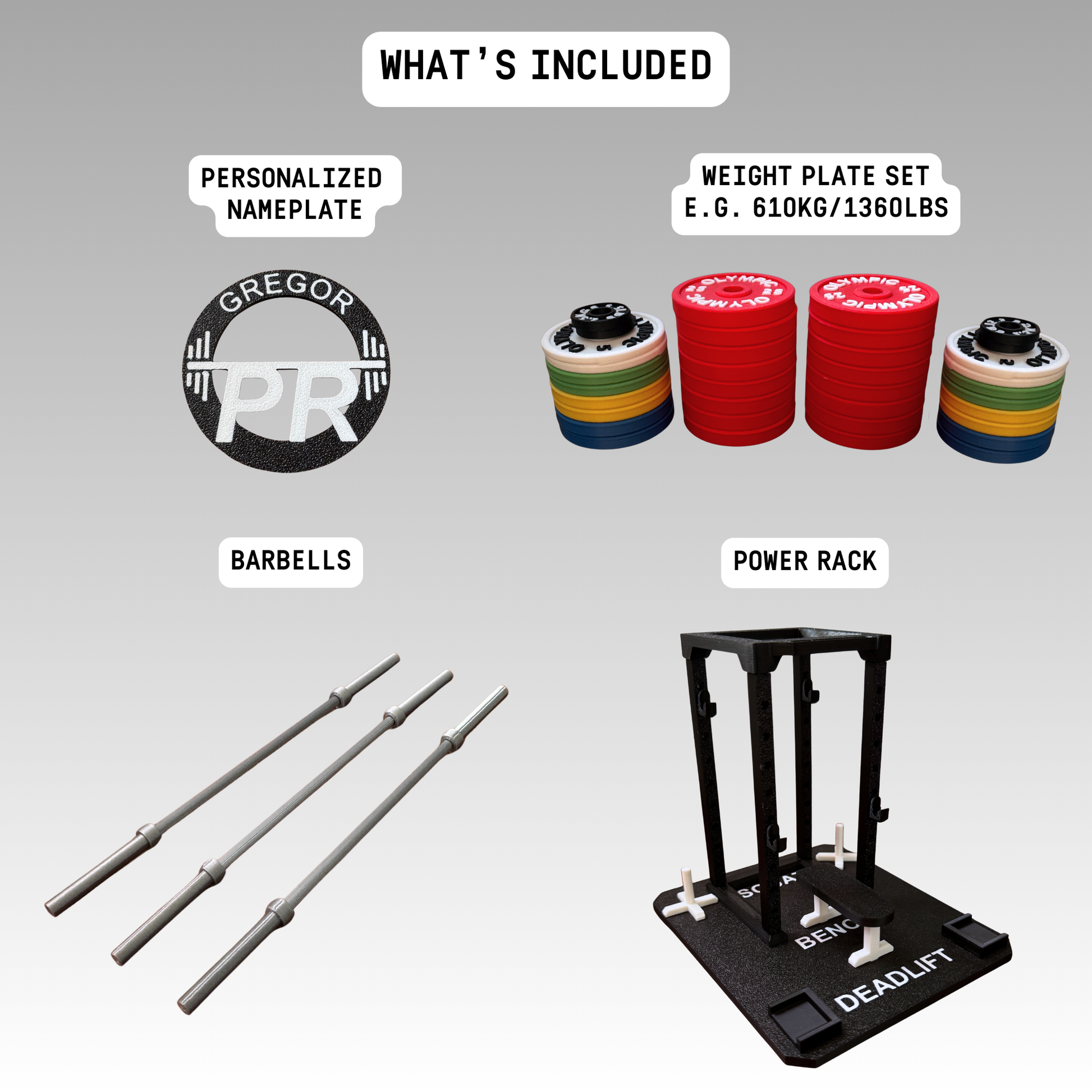  gym equipment set with barbells, weight plates, power rack, and personalized nameplate on a gray background